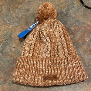 Columbia Unisex Tan and Cream Knit Beanie with Pom NWT